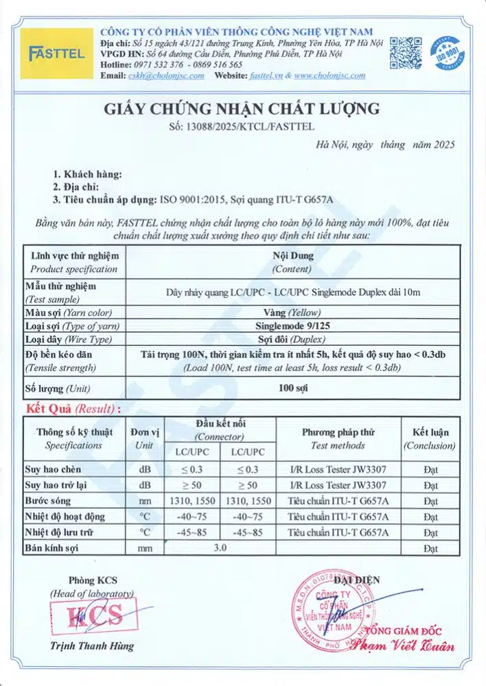 chứng nhận chất lượng